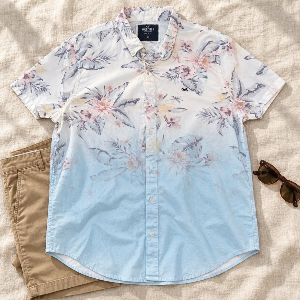 Hollister Epic Flex floral ombré button-down shirt, men's Medium.